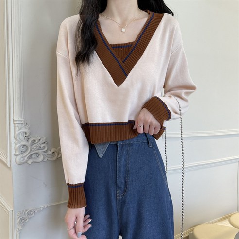 세련된 이른 가을 한국 스타일 스웨터 여성 봄과 가을 새로운 게으른 V 넥 풀오버 긴팔 셔츠