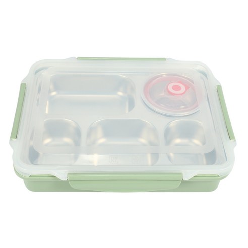 Deoxygene 5 구획 도시락 스테인레스 스틸 누출 방지 대형 상자 수프 컨테이너 학교 식기류, 1개, 초록