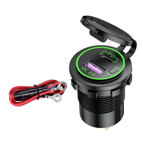 QC3.0 PD 충전기 소켓 LED 전압계 빠른 전원 배달 듀얼 포트 자동차 보트 해양 오토바이 빠른 배달 3.0, 녹색 케이블, 50x37x29mm, ABS 플라스틱