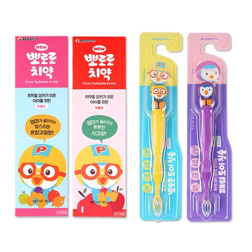 뽀로로 치약 2종 + 뽀로로와 친구들 칫솔 2종, 1세트, 4개입, 혼합과일치약+사과치약+뽀로로칫솔+패티칫솔