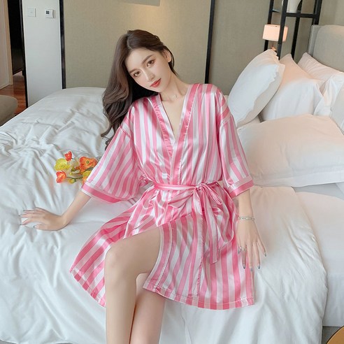 DFMEI-Y 가을 겨울 잠옷 여성 얼음 실크 긴팔 들러리 아침 가운 신부 웨딩 여성 호텔 목욕 가운, DFMEI B 큰 줄무늬, S