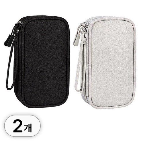 투데이리빙 2p 세트 멀티 디지털 방수 파우치 여행용 충격 보호 보조 배터리 usb 케이블 보관 가방 3단 수납 전자 테크 케이스 휴대용 충전기 다용도 기기 포켓, 2개, R89184C(블랙+그레이