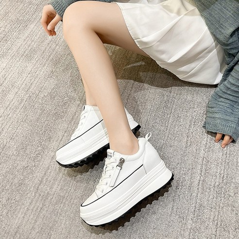도오빠 페리코 여성 7CM 키높이 화이트 스니커즈 하이힐 통굽 속굽 레이스업 운동화 가죽 굽높은 무지 사계절 발편한 여자운동화
