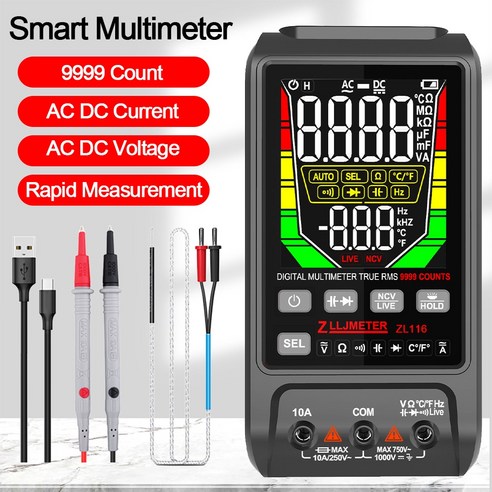 멀티테스터기 배선 접지 검전기 USB 충전 스마트 디지털 멀티미터 9999 카운트 대형 스크린 AC DC 전류 전압 멀티메트로 커패시턴스 옴 Hz 온도 테스터, 1개