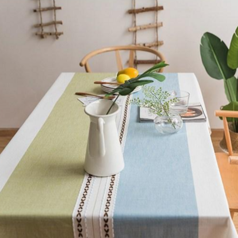 집안 분위기 확바꾸어 주는 예쁜 북유럽 린넨 레이스 식탁보 식탁커버 테이블보 테이블커버, 2인용(150*90cm), 하늘색-녹색