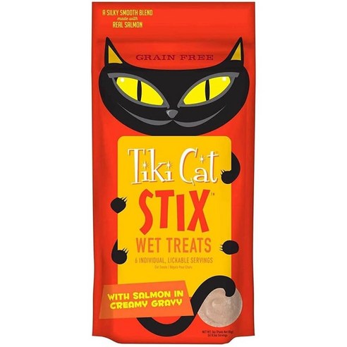 TIKI PETS Tiki Cat Stix 습식 무스는 크림 그레이비 3온스에 연어를 곁들인 1인용 맛있는 간식 또는 건조 식품 토퍼를 제공합니다. 파우치(6개들이 팩)