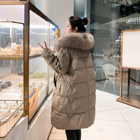 여성 자켓 중간 길이 겨울 새로운 한국어 스타일 캐주얼 리얼 모피 칼라 핫 화이트 오리 두꺼운 코트