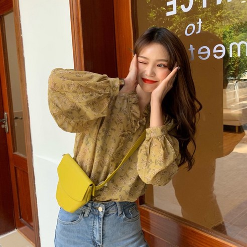 KORELAN 블라우스에다 한양풍 잔꽃 블라우스 여 긴팔 티 퍼프소매에옷감