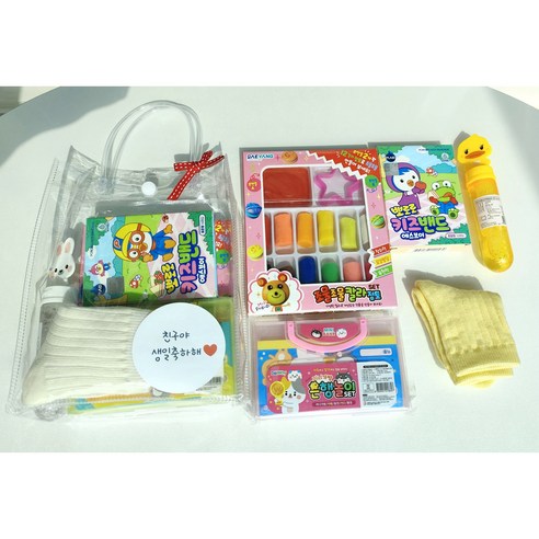 실용적인 구디백 어린이집 유치원 답례품 생일선물 양말+뽀로로밴드+칼라점토12색+은행놀이가방+미니비눗방울+투명백, 1개, 양말1호+칼라점토+뽀로로밴드+미니비눗방울+은행놀이