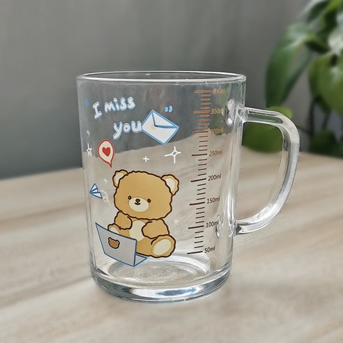 유리컵 빨대 우유 아침컵 귀엽다 만화 눈금 컵 덮개 숟가락 선물 글씨, 301-400ml, 400ml 확장형 컴퓨터