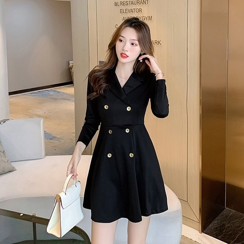가을 겨울 새로운 더블 브레스트 헵번 스타일 작은 검은 드레스 여성 우아한 로얄 자매 스타일 허리 슬리밍 정장 드레스