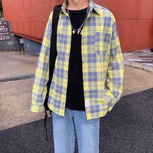 KORELAN 일본계 여름 얇은 홍콩 스타일 루즈핏 롱 슬리브 체크 셔츠 남자 코트 ins 셔츠 빈티지 패션 남자