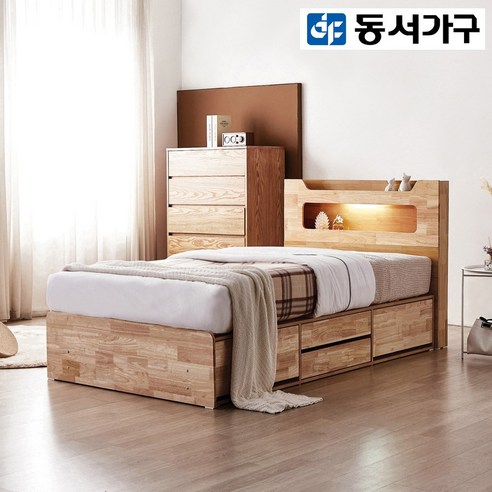 동서가구 브리더 LED 4단 수납 원목 침대 프레임 SS DF920242, 내추럴
