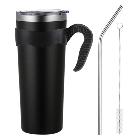 대용량 텀블러 800ml + 손잡이 + 스텐 빨대 + 세척솔 세트 보온 보냉 스텐 물병 보온병 보냉병 핸들 냉텀블러 리유저블 아이스 콜드컵 휴대용, 1세트, R99866B(블랙
