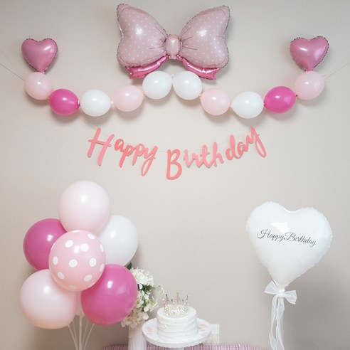 연지마켓 생일풍선 생일파티용품 리본풍선 세트, 핑크 하트풍선 세트