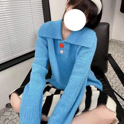 DIRUN KORELAN 레이디스 초이스 부드러운 밀크 블루 옷깃 스웨터 여성 겨울 2022 새로운 한국어 버전 느슨한 겉옷 달콤한 모든 경기 니트 스웨터 탑