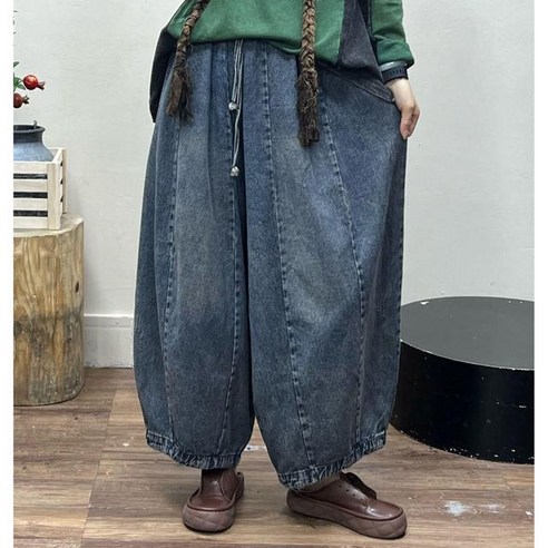이세이플리츠 주름치마 여성용 신축성 허리 코튼 데님 와이드 레그 패치워크 빈티지 블루 느슨한 봄 예술 2023