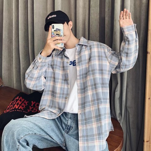 Shirt Men''s Plaid Shirt Flow Thin Shirt Jacket 잘 생긴 Boy''s Top