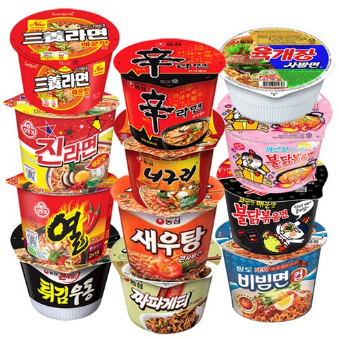 [블루존] 매운 용기 컵라면 12종(신라면+짜파게티+새우탕+튀김우동+얼큰너구리+육개장사발+진라면매운+열라면+삼양라면매운+불닭+까르보불닭+팔도비빔면), 1세트