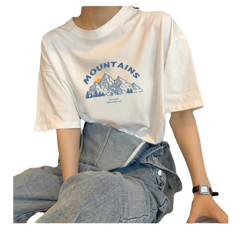맨투맨 심플한 흰색 반팔 티셔츠 여성용 여름 프린트 면 탑 패션 느슨한 내부 ANKRIC