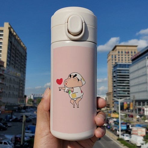 일본 인터넷 연예인 귀여운 크레용 작은 새로운 튀는 뚜껑 보온병 학생 작은 휴대용 컵 스테인리스 차 컵, Q57D크레용신화튀는컵, 450 ml