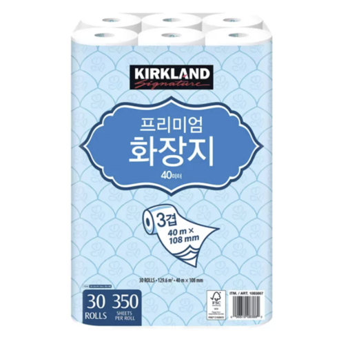 커클랜드 3겹 휴지 30롤1팩 물에잘녹는 무형광 화장지, 40m, 30개입, 1개