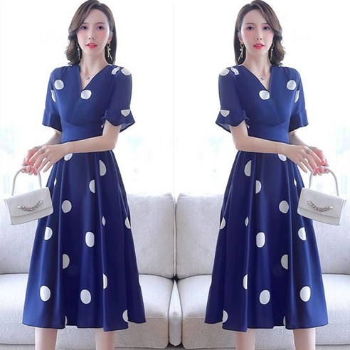셀럽당 도트 브이넥 원피스 여패션 여름 미디엄 기질 날씬해 보이는 쉬폰 스커트