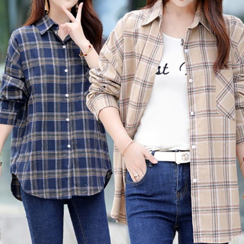 주디앤 여성 봄 가을 스팟 체크 셔츠 2P