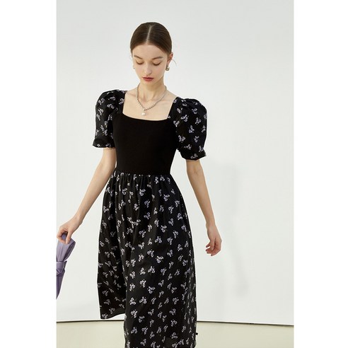 YANG 서양식 여름 새로운 프랑스어 스퀘어 칼라 드레스 여성의 블랙 차 휴식 드레스 우아한 버블 슬리브 드레스