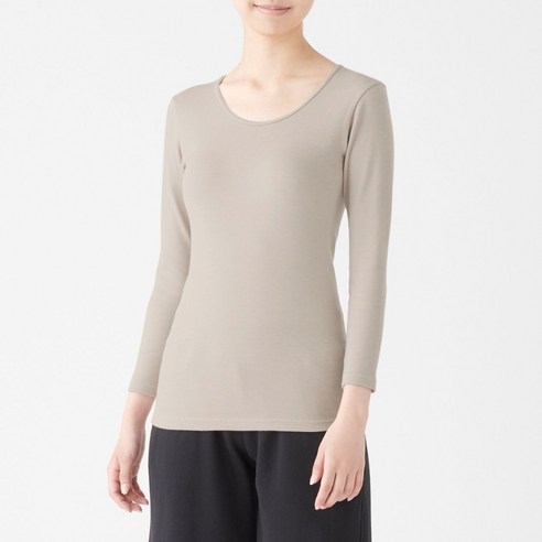 무인양품 MUJI 여성 따뜻한 코튼 울 스무스 U넥 8부소매 티셔츠