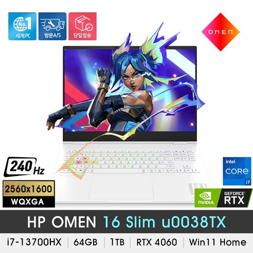 [당일발송] HP OMEN 16 SLIM u0038TX / i7-13700HX / RTX4060 / 64GB / NVMe 1TB / WQXGA / 240Hz /WIn11 / 화이트, HP OMEN 16 SLIM-u0038TX, WIN11 Home, 코어i7