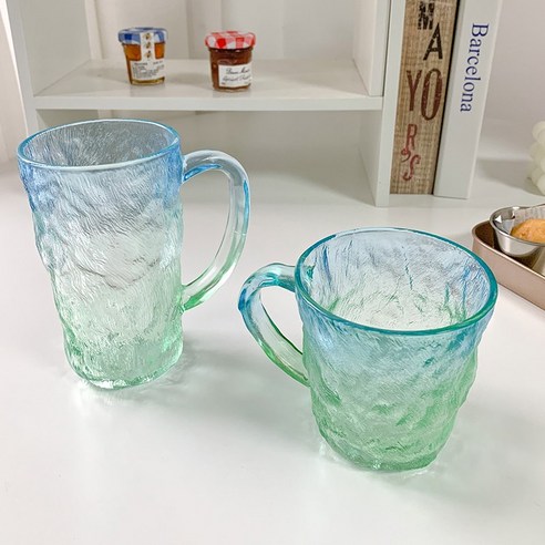 DFMEI 빙하무늬끈 글라스잔 그라데이션 인스풍 비주얼 가정용 물컵 쥬스 커피잔, DFMEI 그라디언트 블루 - 높고 짧은 [각 1]
