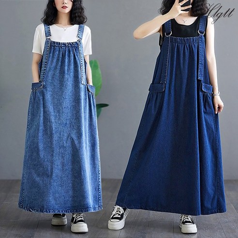 헬리꽁땡 봄 여름 여성용 데님 멜빵 맥시 원피스 빅사이즈 루즈핏 롱원피스 55~88까지, 연청, 3XL(88)
