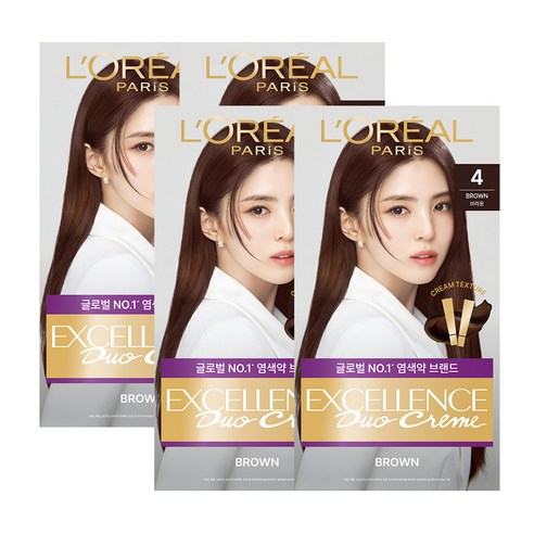 로레알파리 엑셀랑스 크림 더블튜브 염모제, 4호 브라운, 4개