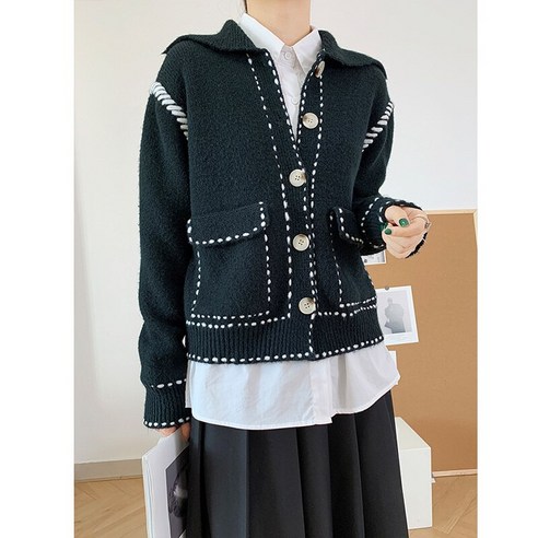 [KULUMI] 한국 가을 여성 긴팔 옷깃 스웨터 얇은 기질 단일 브레스트 카디건 코트 여성 조수 16E4554