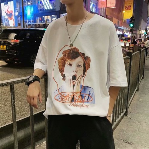 한국 여름 남성용 루즈하고 심플한 프린트 반팔 티셔츠