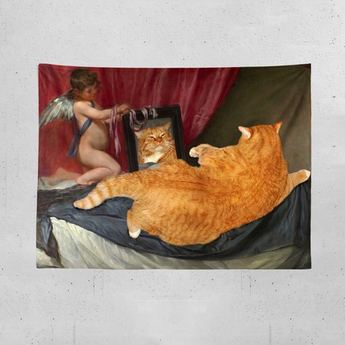 DIRUN 배경 패브릭 침실 배경 벽 복고 ins 괘포 배경포 유화 고양이 소녀 마음 침실 셋방 개조 기숙사 침대 머리 벽보 벽걸이 담요, 거울을 보는 오렌지 고양이 가로(두꺼운 스웨터)