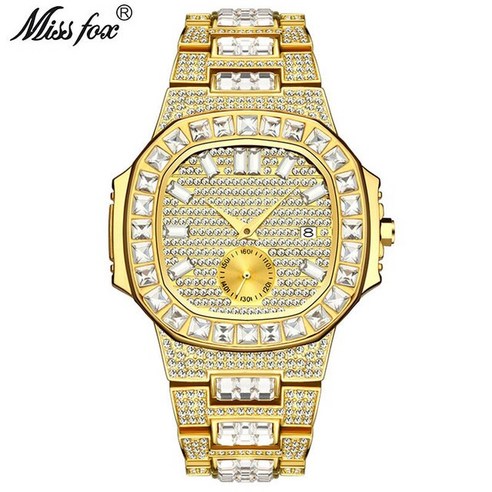 18k손목시계 금통시계 멋있는 MISSFOX 럭셔리 남성 시계 골드 18K 모델 완전 포장 바게트 다이아몬드 방수 캘린더 시간