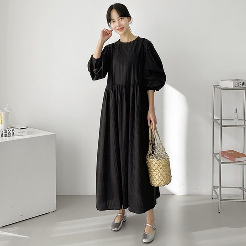 레이스 퍼프 셔링 롱원피스