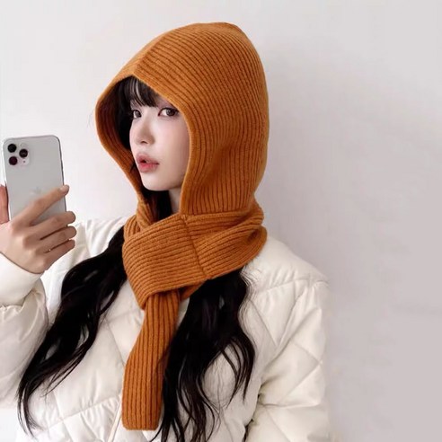 떨샵 바라클라바 목도리 바라클라바 후드 넥워머 모자 목도리 귀마개 새로운 스타일 balaclava 여성 겨울 스카프 올인원 목 보호 방풍 따뜻한 니트 모직 모자 2피스 세트, 오렌지
