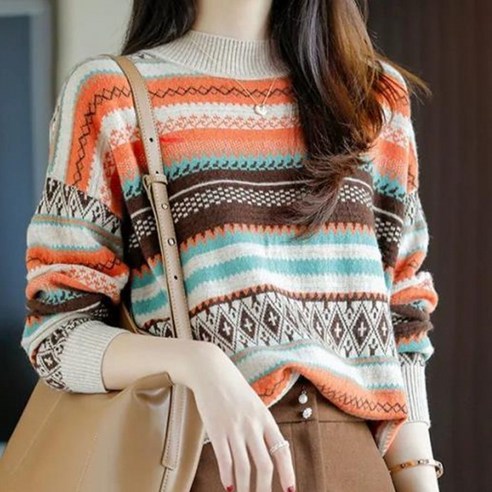 에스닉 배색 패턴 스웨터 니트 325