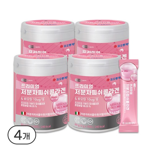 새콤달콤 포도맛 프리미엄 저분자피쉬콜라겐 30포 비오틴 비타민 미네랄 히알루론산 함유 이너뷰티, 60g, 4개