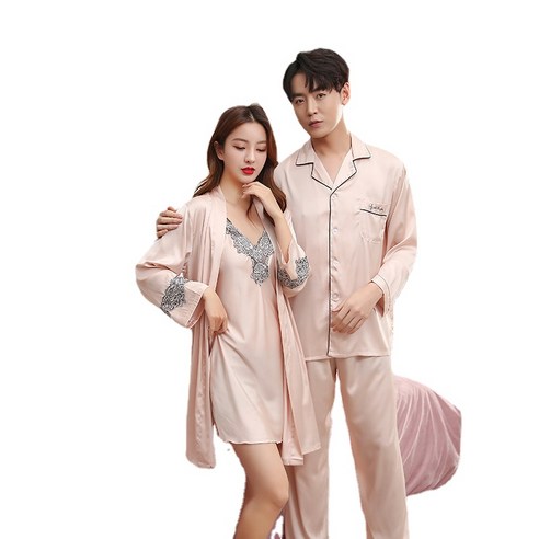 ANKRIC 데일리 아이스 봄가을 커플 잠옷 슬립 레이스 가운 여성스러운 남실크 여름 긴팔 홈웨어 세트