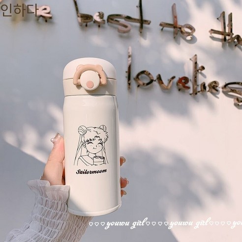 간단한 소녀 전사 보온병 컵 여성 학생 한국어 스타일 귀여운 스테인레스 스틸 컵 크리 에이 티브 유행 컵, 아름다운 소녀 [500ML], 싱글 컵 + 컵 브러시