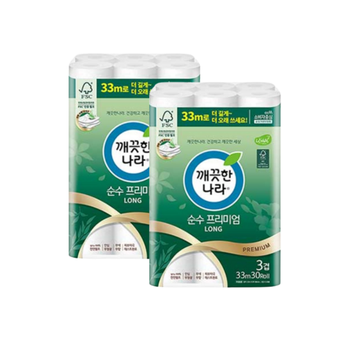 순수 깨끗한나라 순수 프리미엄 3겹데코 화장지 33m 30롤 x 2개, 30개입