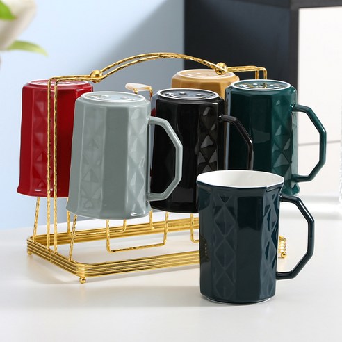 DFMEI.커피잔 세트요.Coffee cup set세라믹 머그컵 컬러 북유럽 컵 심플 대용량 가정용 컵 오피스 물컵 선물입니다, 6 컬러 컵의 철 랙, DFMEI.401-500ml.