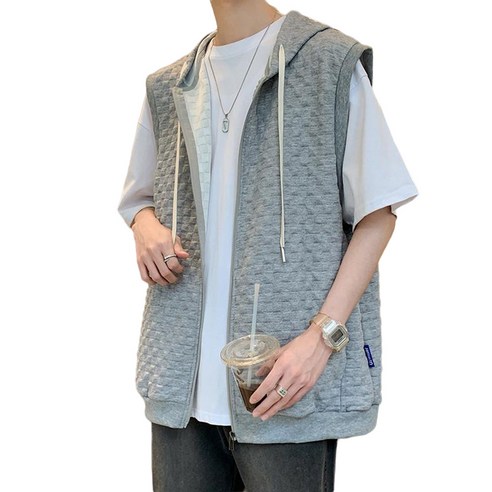 ROYALBELLE 남성 얇은 민소매 후드 베스트 오버핏 집업 민소매 조끼 데일리 빅사이즈 V40318