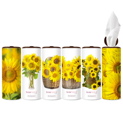 슬림티슈 6P 해바라기2 / 차량용 휴대용 캔티슈 대나무 원통형 원형 미니 휴지 화장지 집들이 재물복 개업선물세트 풍수인테리어
