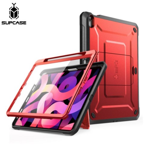 Supcase 아이패드 에어 4세대 10.9인치 케이스 태블릿케이스 풀커버 내장 보호필름 스탠드 2020, 레드