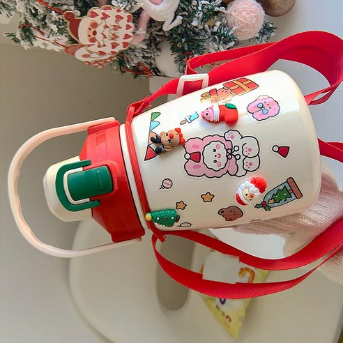 크리스마스 냄비 배꼽 보온병 컵 크리 에이 티브 만화 귀여운 대용량 보온병 냄비 휴대용 선물 물 컵, 빨간 뚜껑 흰 몸 스티커, 850ml